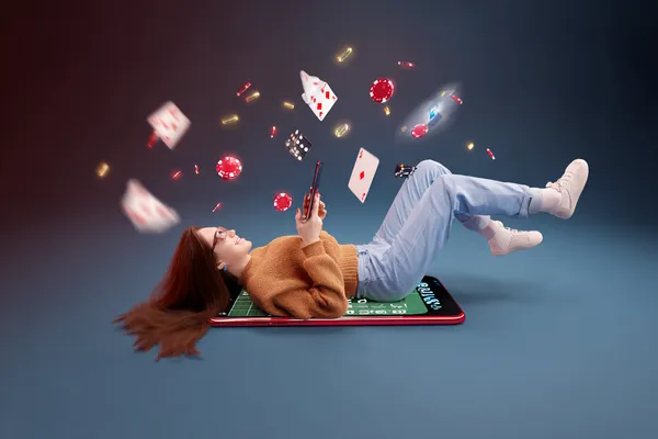 A glamorous woman holding casino chips in a neon-lit environment, representing the premium online casino atmosphere of ZS777.