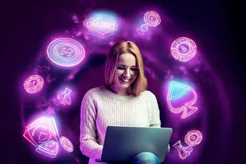 ZS777 Slots — Thousands of thrilling machines await A woman smiling by bright slot machines showing lucky symbols, showcasing the exciting slot offerings at ZS777.